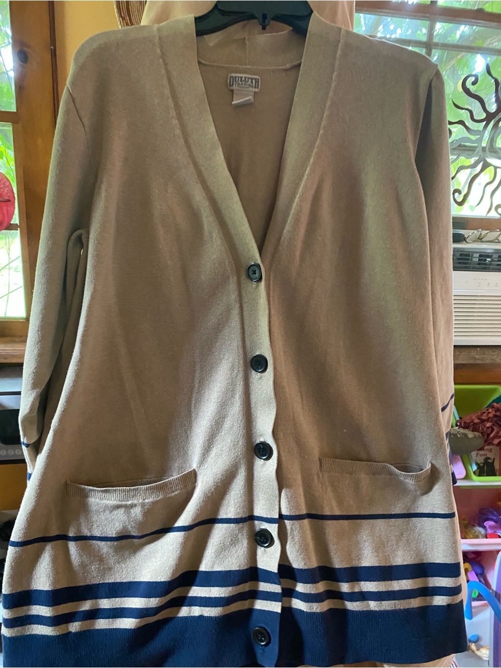 Duluth Trading Co Tan Cardigan with Navy Stripes